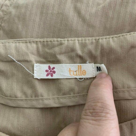 Tulle Anthropologie A Line Shift Dress M Tan Pockets Gold Buttons Side Zipper - Picture 5 of 5